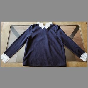 Vintage Blue Long Sleeve Blouse with Lace Ruffles